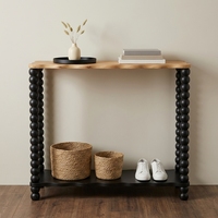 Table console en bois avec pieds en bobine et étagère inférieure ondulée, plateau en bois naturel, cadre noir, table d'appoint pour entrée, salon, mobilier de maison