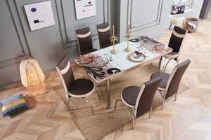 Modern 6 Piece <b>Wood</b> <b>Dining</b> Room Set with Tempered Glass <b>Table</b> and Purple Chairs <b>Extendable</b> Design for Home Use - Product Image 4