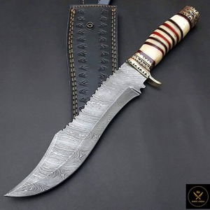 Cuchillo Bowie Arwin hecho a mano de acero de Damasco con mango de resina y funda de cuero - Product Image 2