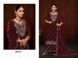 Costume en velours fantaisie de créateur pour femmes en velours pur avec broderie séquentielle incluant le cou et la tenue de fête élégante Daman - Product Image 3