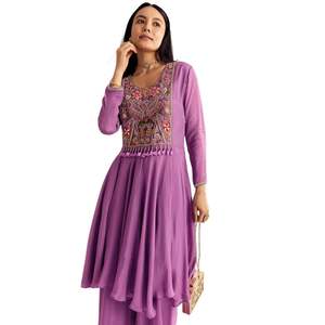 Purple Chinon Zardosi Kurta Palazzo Suit Wholesale Women Ethnic OEM Clothing Factory Supplier Custom Wedding Party Wear <b>Outfit</b> - Product Image 4