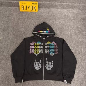 Sudadera con capucha y cremallera con diamantes de imitación de alta calidad hecha a medida, sudadera con capucha con diamantes de imitación de algodón pesado, Sudadera con capucha bordada 500 GSM - Product Image 1