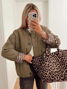 Women's High Street Quilted Parka O-Neck Single-Breasted Cotton Jacket Leopard Print Stand 2025 Fall Winter Warm <b>Coat</b> Plain - Product Image 2