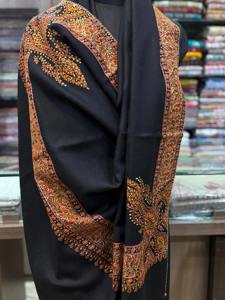 <b>Black</b> Solid Cashmere Wool <b>Shawl</b> with Golden Thread Embroidery Traditional Design for Winter Functions - Product Image 4