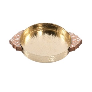 Stainless Steel Tray Chocolate Serving Tray Dessert Serving Tray Set Of 2 Factory <b>Sale</b> Ramadan Eid Gift Round Acacia Wood Handle - Product Image 4