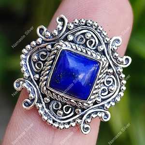 Handmade 925 Sterling Silver Lapis Lazuli Ring September Birthstone <b>Statement</b> Jewelry with Natural Blue Gemstone Inlay - Product Image 1