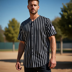 ASSURANCE COMMERCE Logo brodé personnalisé Maillots de baseball noirs Maillot de baseball grande taille à fines rayures rose pour hommes - Product Image 1