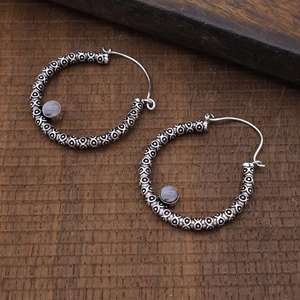 Pendientes de Aro Boho de Diseño Moderno con Piedra Lunar, Pendientes Tribales de Latón para Mujer, Aros Punteados Plateados con Gemas, Joyería al por Mayor/OEM - Product Image 3