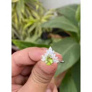 925 Silver Natural Peridot <b>Ring</b> with Oval Cut Gemstone Geometric Pattern Rhodium Plated Everyday Wear <b>Rings</b> - Product Image 3