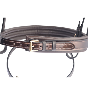 Bridon de dressage anatomique personnalisable, élégant, en cuir verni brun, de haute qualité, avec bandeau frontal en cristal doré et muserolle rembourrée - Product Image 5