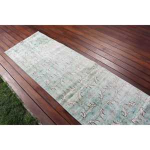 Alfombra Turca Vintage de Lana Azul Sólida de 2.3x8.4 pies - Product Image 3