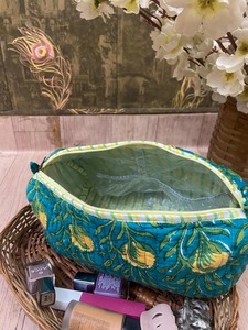 Green Yellow Cotton Cosmetic <b>Travel</b> Case for Bag <b>Set</b> Block Print Durable Water Resistant Eco-Friendly Vintage Style Small - Product Image 3