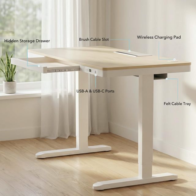 Modern Standing Desk Drawer Wireless Charging Ergonomic Height Adjustable Sit Stand Desk USB Charging Station for Home Office
