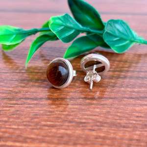 Handmade Sterling Silver <b>Stud</b> <b>Earrings</b> with Natural Tiger's Eye Gemstones Round Cabochon Design - Product Image 2