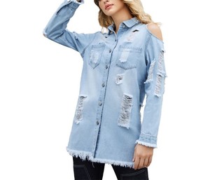 Camisas de vaquero de mezclilla con ribete crudo rasgado con hombros desgastados para mujer con parte inferior deshilachada, Top clásico elegante para mujer - Product Image 1