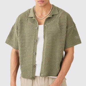 Pull de luxe confortable pour homme-Tissu en maille vert Chemise décontractée Taille XL Col montant Pull d'été en crochet à boutons - Product Image 4