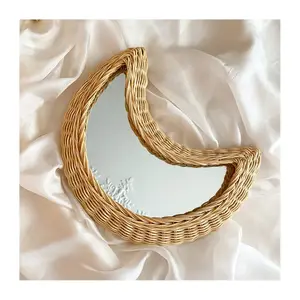 Rattan framed bathroom decor moon mirror crescent ramadan half-moon shaped mirrors low MOQ support