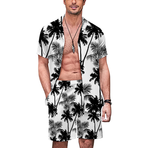 Custom Printed Hawaiian Style Men's Summer Short Set XL Size Cotton Button-<b>Up</b> T-Shirt and Shorts Casual Style - Product Image 2