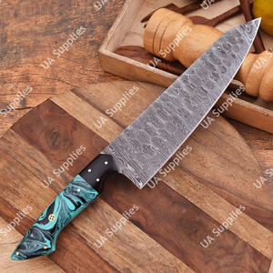 Couteau de chef Damas moderne, finition brossée, manche en résine turquoise, 8 pouces, ambidextre, écologique, forgé à la main, étui en cuir - Product Image 2