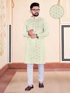 Vêtements traditionnels lourds en coton Lucknowi miroir travail Kurta pyjama Collection pour hommes - Product Image 3