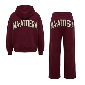 Conjunto de Sudadera con Capucha y Pantalones Anchos de Felpa Color Granate para Mujer, Estilo Casual Urbano, Dos Piezas - Product Image 3