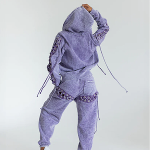 Conjunto de chándal para mujer con lavado ácido, ropa de calle para mujer, sudadera con capucha y pantalones de chándal con bordado desgastado Vintage, conjunto de chándal para mujer - Product Image 4