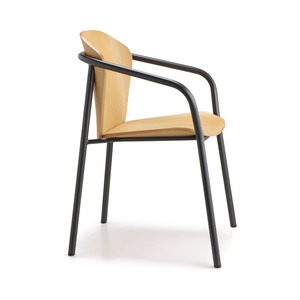 Dining Armchair with Ash or Beech Wood Seat and Back on Metal Frame, Painted or Metallic Finishes, Restaurant Cafe Hotel, Italy - Product Image 1