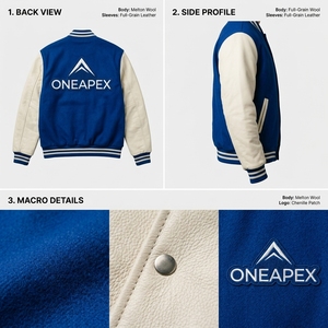 Veste de baseball premium bleu roi en laine avec manches en cuir, col et poignets en tricot côtelé, fermeture à boutons-pression, logo personnalisé, streetwear pour homme - Product Image 5