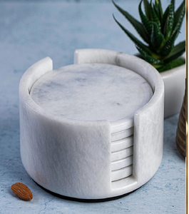 Sous-verre rond classique en marbre blanc massif avec support assorti pour une organisation de table élégante, disponible au prix de gros - Product Image 1