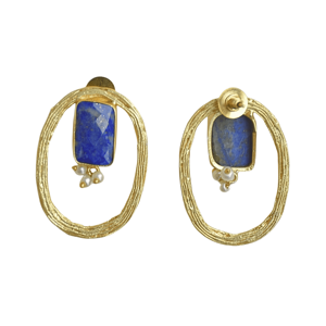 Boucles d'oreilles classiques artisanales pour soirée avec pierres précieuses en lapis-lazuli, base en laiton, finition plaquée or 18 carats - Product Image 5