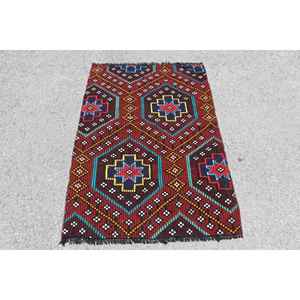 Alfombra Turca Vintage Pequeña de 3x4.6 pies, Alfombra de Lana Roja Kilim - Product Image 1
