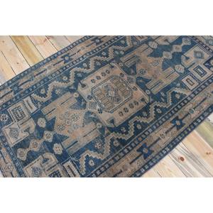 Tapis turc vintage 4,1x7 pieds, tapis en laine bleu et marron à motifs géométriques - Product Image 2