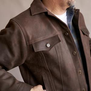 Veste de camionneur en cuir de vache marron pour homme, style western vintage, col montant, fermeture éclair - Product Image 6