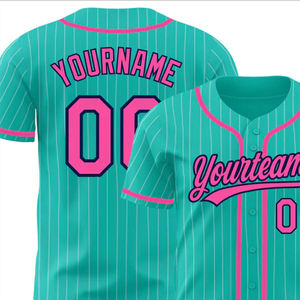 Maillot de baseball personnalisé uniforme d'équipe boutonné bleu sarcelle et rose à fines rayures nom personnalisé numéro 100% tissu polyester à séchage rapide - Product Image 5