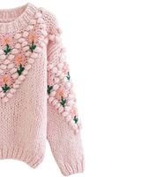 Sweater Rajut Tangan Motif Bunga Pink Lucu untuk Wanita, Hangat, Lembut, Pullover Musim Dingin, Tekstur Bunga, Rajutan Nyaman