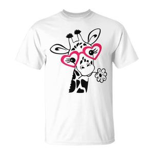 Camiseta con estampado de jirafa con gafas de corazón rojo, unisex para adultos, cuello redondo, manga corta, impresión digital, actividades promocionales - Product Image 1