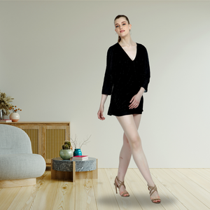 Haute qualité femmes couleur personnalisée paillettes tunique col en v manches longues élégant glamour Vintage motif géométrique à la main - Product Image 1