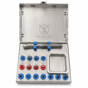 IRONCURE INDUSTRIES Kit de 16 forets chirurgicaux pour implants dentaires 2.0-5.2mm, embouts hexagonaux, broches parallèles, clé à cliquet, mallette métallique - Product Image 1
