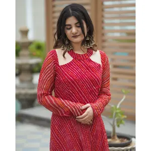 Ensemble de tenue de sport décontractée Rahi Red Bandhej, tissu en mousseline de soie pure, motif brodé, style droit, tailles XXL XL, cheville - Product Image 5