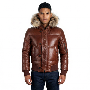 Men's <b>Brown</b> Leather Bomber <b>Jacket</b> Hooded Square Collar Waterproof Breathable Spring Slim Fit Vintage Embroidery Front - Product Image 3
