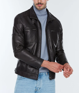 Veste décontractée d'hiver à col montant en cuir de mouton noir et toile 100% pour hommes - Product Image 5