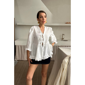 Chemise en lin pour femme avec nœud devant et détail volanté, chemise blanche - Product Image 6