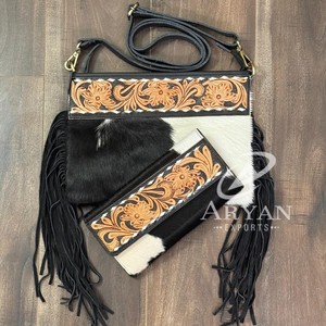 Fashionable Women 2-Pieces Set Hand Tooled Leather Fringe Crossbody Bag with Hand Tooled Cowhide Leather Trifold Card Clutch Set - Product Image 1