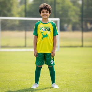 Hot Selling Kids <b>Brazil</b> Soccer Set | Yellow Green <b>Football</b> Jersey & Shorts | Quick Dry Breathable Summer Training Wear - Product Image 1