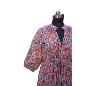 Vestido MIDI con estampado de bloque floral Vestido largo floral de verano informal con cuello en V de algodón suave - Product Image 4