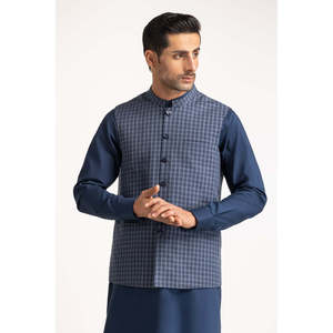 Gilet matelassé pour homme, bleu marine, formel, croisé, à motif écossais, en toile de polyester tissée, avec boutons, style veste. - Product Image 3
