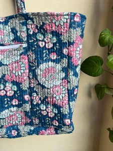 Handmade Boho Eco Friendly Sustainable <b>Sturdy</b> Grocery Shopping <b>Bag</b> Quilted Cotton Hand Printed Reversible Floral <b>Tote</b> <b>Bag</b> - Product Image 2