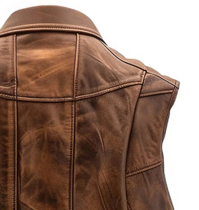 Chaleco de cuero puro para hombre, Marrón desgastado, piel de oveja genuina, cuello elegante hecho a mano, Chaleco de cuero de motorista ajustado con cremallera elegante - Product Image 3