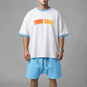 Conjunto de camiseta y pantalones cortos con logotipo personalizado para hombre, corte holgado extragrande, grueso, de algodón 100% premium, chándal informal para hombre - Product Image 4