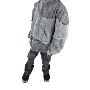 Nouvelle mode unisexe pull à capuche de haute qualité coton en détresse Style Vintage sans ficelle lavage à l'acide recadrée en détresse hiver - Product Image 5